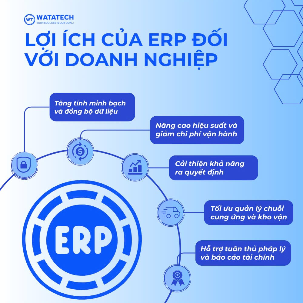 Infographic năm lợi ích của ERP về dữ liệu, hiệu suất, quyết định, kho vận và tuân thủ