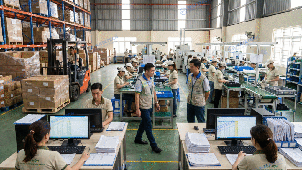 Nhà xưởng sản xuất tại Việt Nam với nhiều nhân sự đang làm việc và vận hành dây chuyền trong môi trường sản xuất thực tế hàng ngày