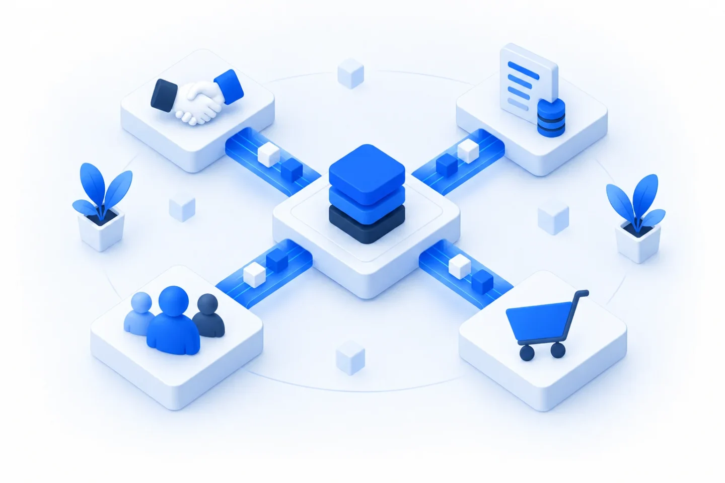 Minh họa tích hợp hệ thống ERP với bốn ứng dụng qua một trung tâm dữ liệu