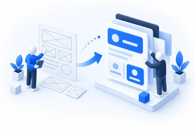 Minh họa thiết kế UI/UX với bản khung được hoàn thiện thành các thẻ giao diện phần mềm nghiệp vụ
