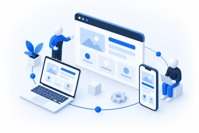 Minh họa phát triển ứng dụng web hiển thị trên trình duyệt, máy tính và điện thoại
