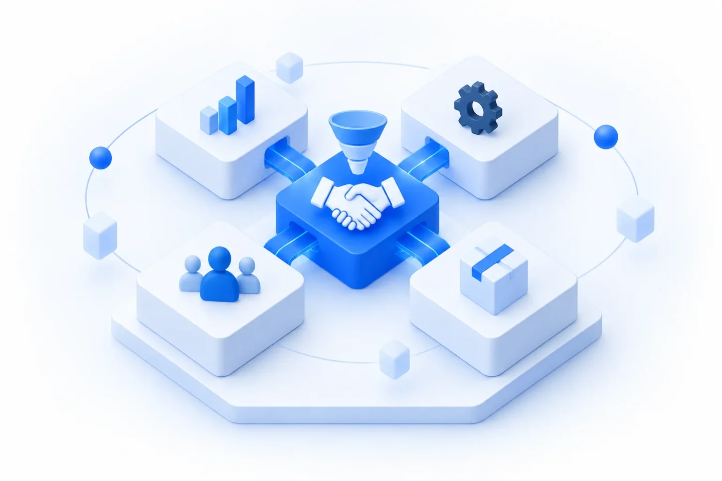 Phần mềm CRM với khối bắt tay và phễu bán hàng nối các phân hệ