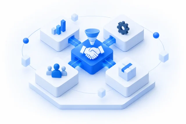 Phần mềm CRM với khối bắt tay và phễu bán hàng nối các phân hệ