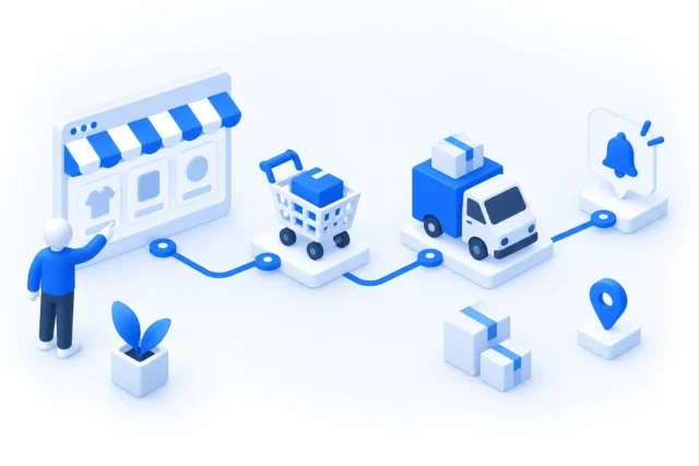 Hành trình đơn online từ cửa hàng, giỏ hàng đến giao và thông báo