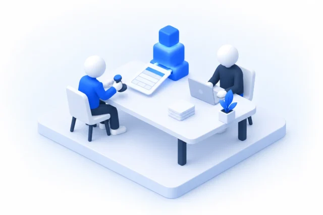 Nhân viên AI cho doanh nghiệp đưa bảng tính cho người phụ trách đang cầm con dấu duyệt